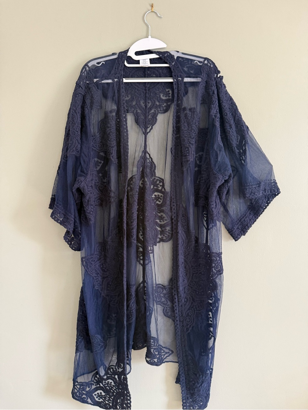 Navy Blue Sheer Lace Kimono Duster Cardigan Boho Plus Size 2XL 3XL
